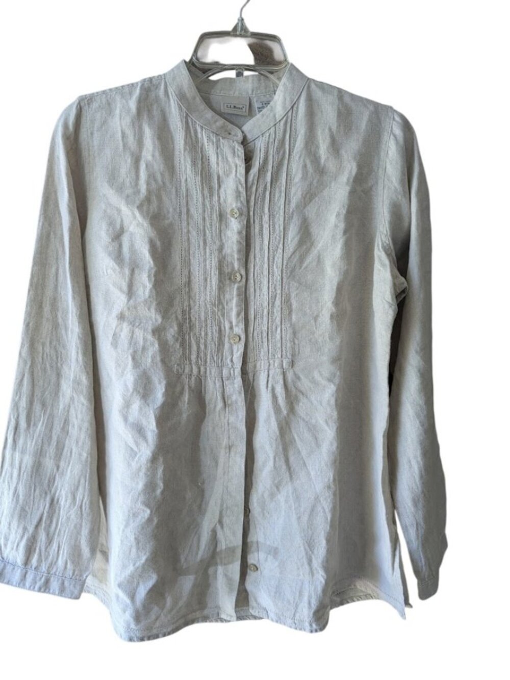 L.L. Bean 100% Linen Pintuck Button Front Blouse Beige Size S